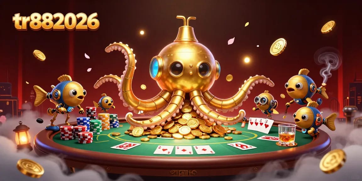 Engage with exciting gameplay at tr882026's colorful poker scene featuring a golden kraken submarine.
