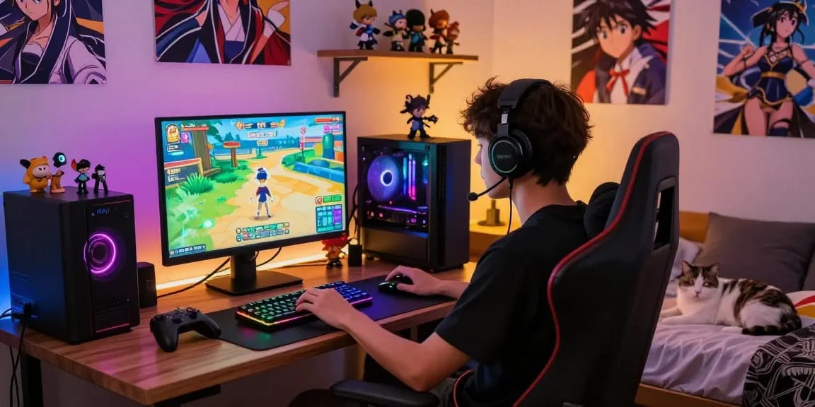 Engaging hentaigame scene with a gamer focused on animated gameplay in a cozy bedroom.