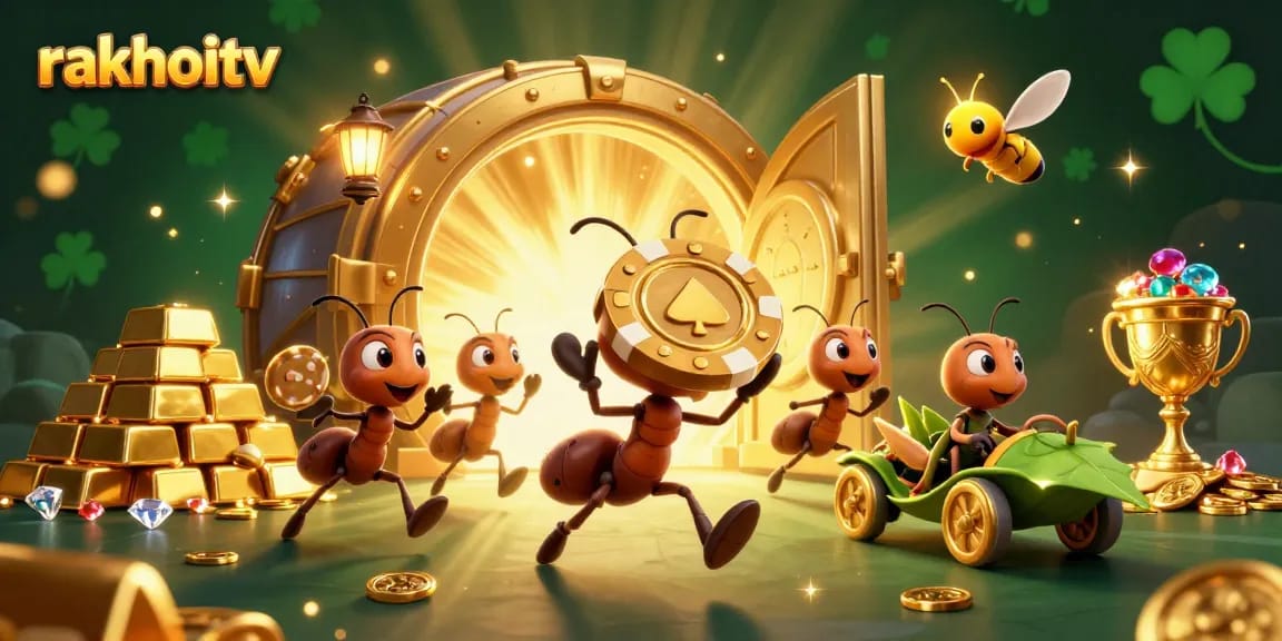 Engage with rakhoitv's thrilling experience as ants carry a giant poker chip in a vibrant heist.