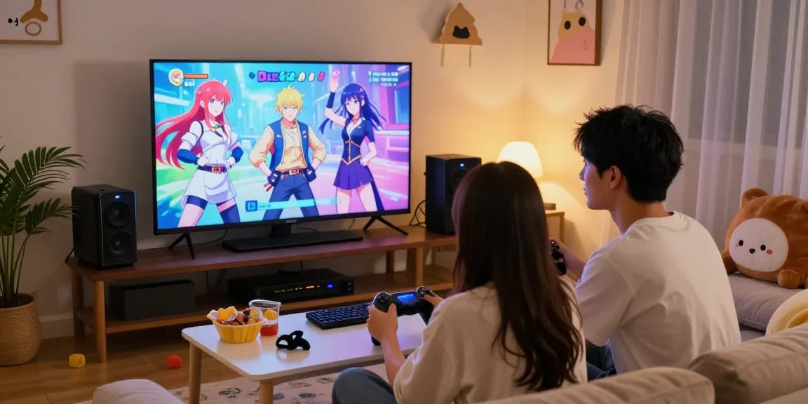 Couple enjoying an ecchi game together in a cozy gaming environment with colorful characters displayed on-screen.