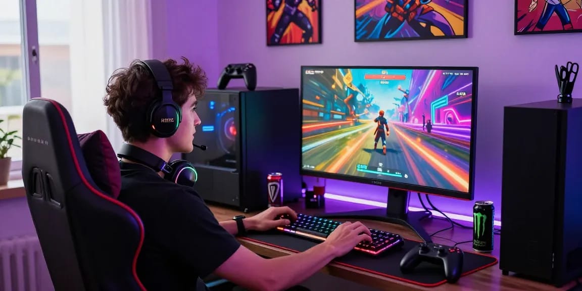 A passionate gamer playing NSFW APK games in a vibrant gaming setup with colorful graphics and ambient RGB lighting.