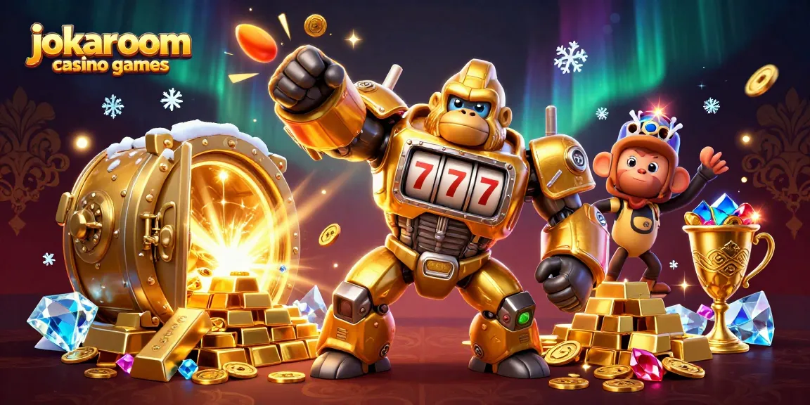 Experience thrilling action with jokaroom casino games as a golden gorilla mech battles for treasure amidst vibrant gems and coins.