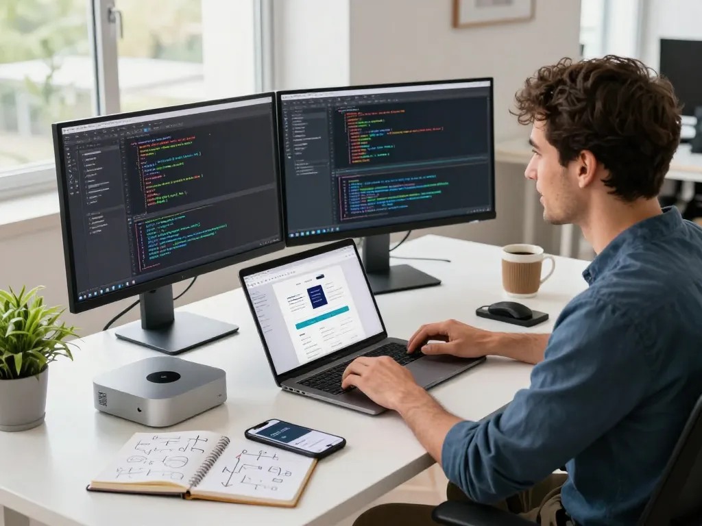 Developer coding with a Mac mini in a modern workspace filled with tech gear.