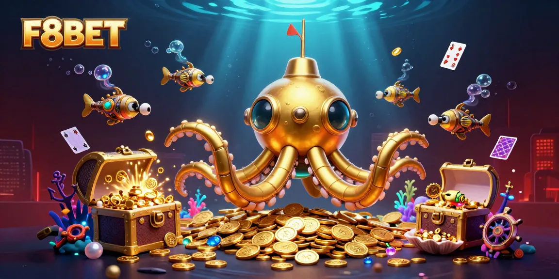 Engage with F8BET’s thrilling casino experience, featuring a golden kraken submarine in a treasure-filled underwater world.
