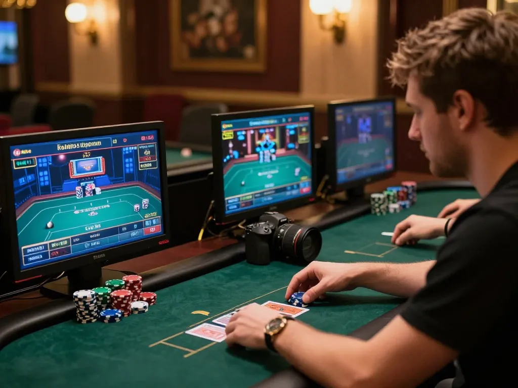 CM88 player analyzing online poker strategies at a modern gaming desk with multiple screens