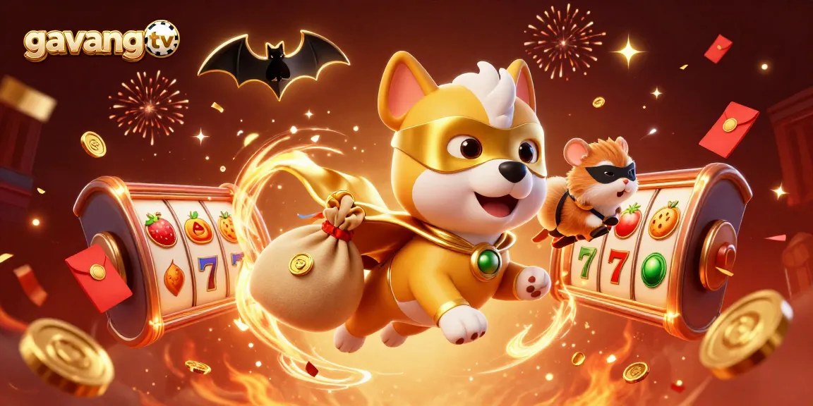 Join the action with gavangtv's superhero characters amidst vibrant casino slots and golden coins.