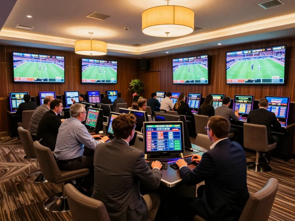 Engaging m88 sports betting environment with dynamic screens, enthusiastic bettors, and luxury decor.