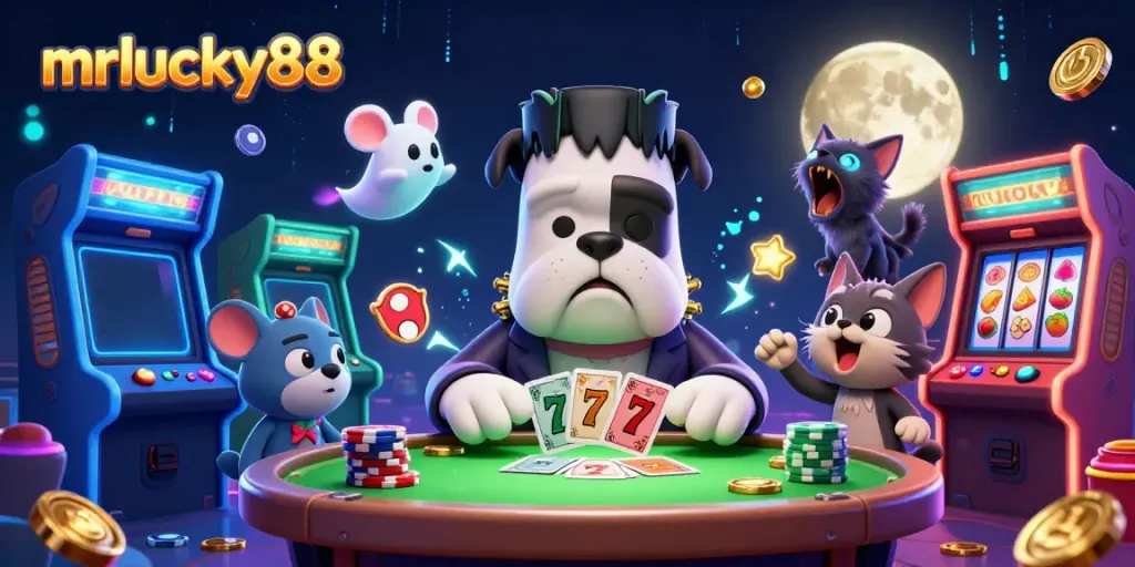 mrlucky88 showcases a lively 3D casino scene featuring colorful characters and engaging gaming elements
