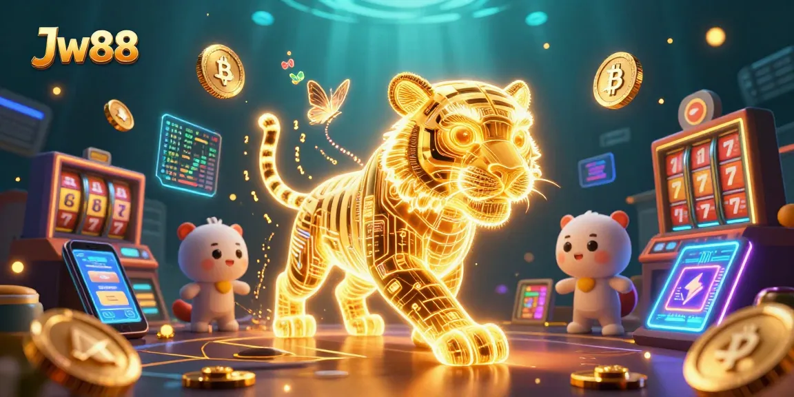 Engage with Jw88's thrilling casino scene featuring a luminous golden tiger and vibrant cryptocurrencies.