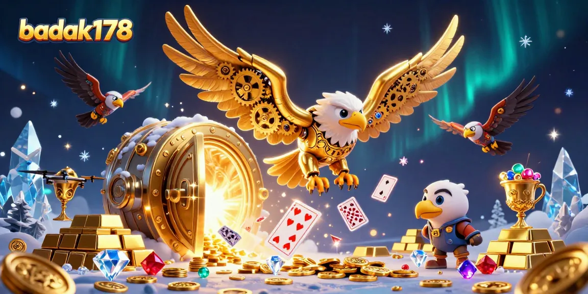 Experience excitement with badak178 as a golden eagle dives through holographic cards in a vibrant casino scene.