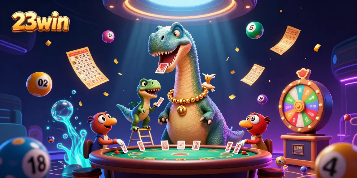 Engage with the vibrant 23win casino scene featuring a giant brontosaurus and dynamic game elements.