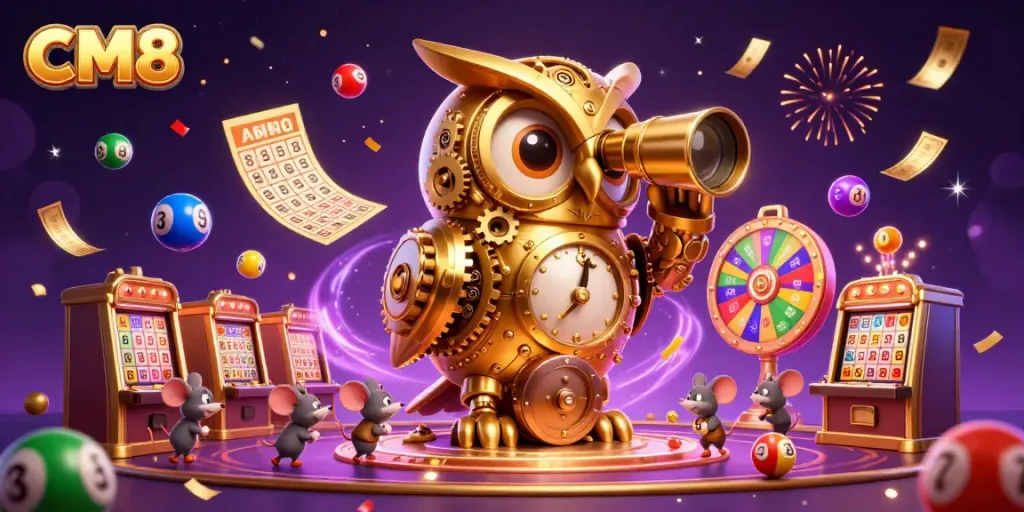 Engage in thrilling casino action featuring CM8's golden owl overseeing dynamic games and excitement.