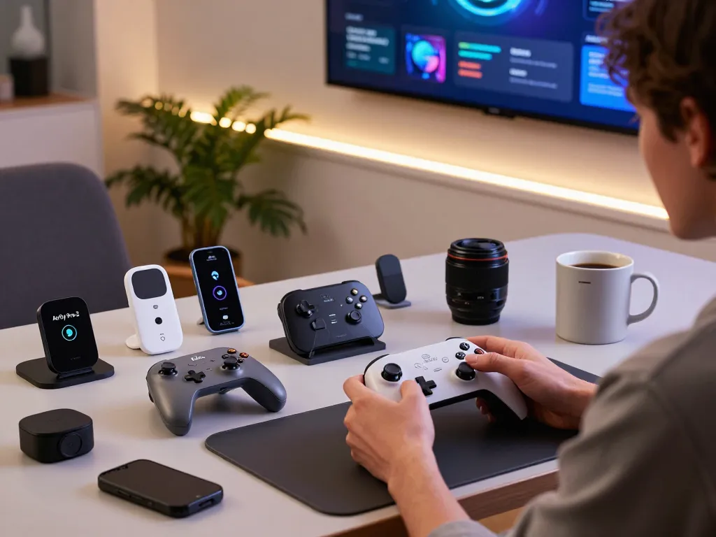 Showcasing the top 10 tech gadgets 2081 in a modern workspace featuring innovative Bluetooth devices and a user interface.