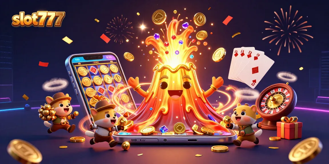 Experience the thrill of slot777 with a vibrant 3D illustration showcasing animated gold coins and a joyful volcano.