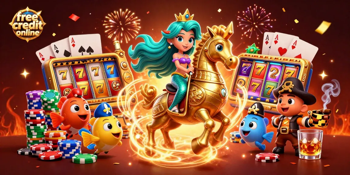 Win big with free credit online bonuses in this vibrant casino illustration featuring mermaids and seahorses.