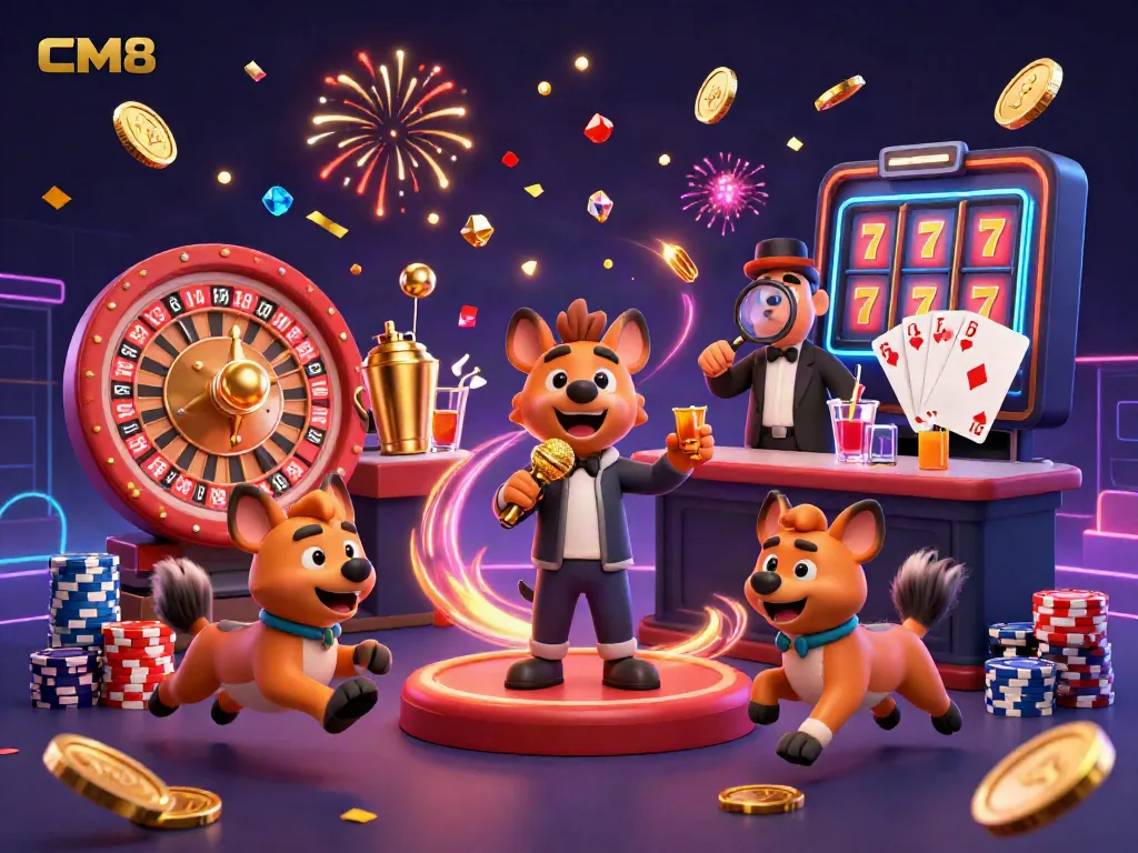 Experience CM8's vibrant comedy casino with hyena characters, golden coins, and exciting gaming elements.