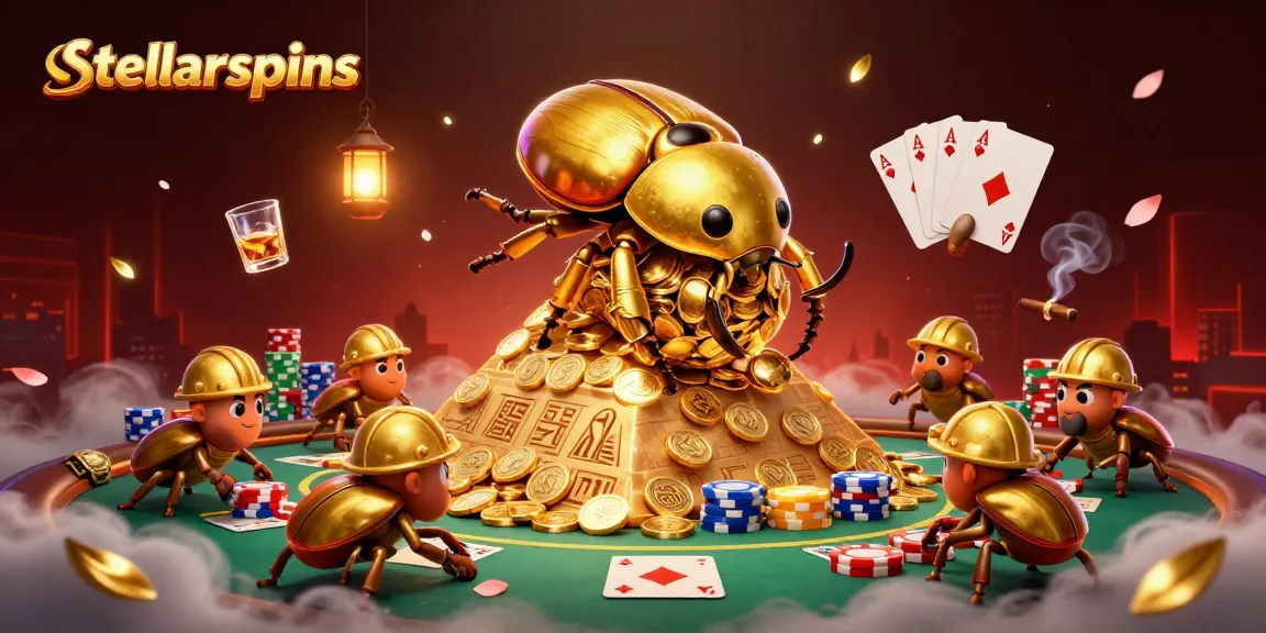 Engage with stellarspins as golden beetles triumphantly roll coins in a vibrant casino setting.