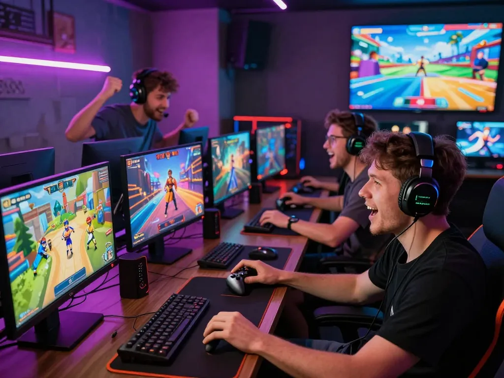 Engaging scene of players enjoying gay porn games with vibrant gaming elements.