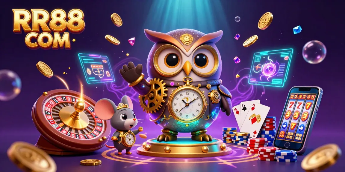 Experience the thrill of RR88 COM with a vibrant 3D casino illustration showcasing steampunk characters and gaming elements.