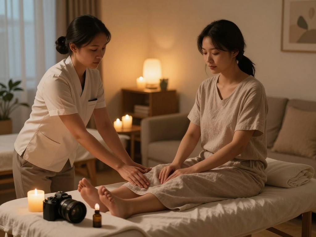 Relaxing atmosphere for 구로출장안마 session with a massage therapist preparing a cozy home setting.