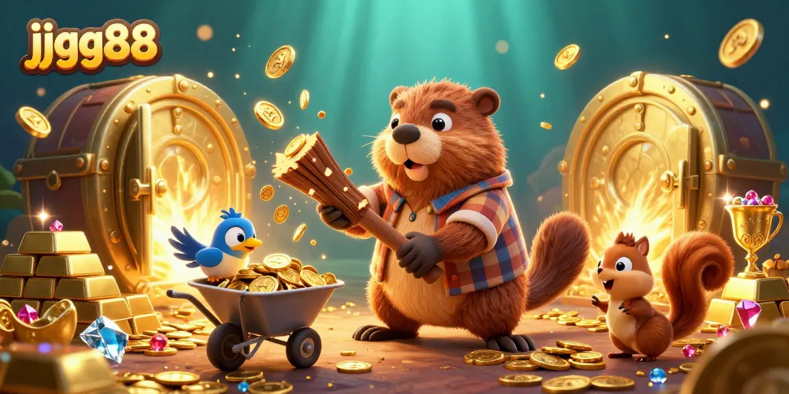 Experience the thrill of jjgg88 as 3D cartoon characters engage in a vibrant casino adventure, celebrating winnings with gold coins.