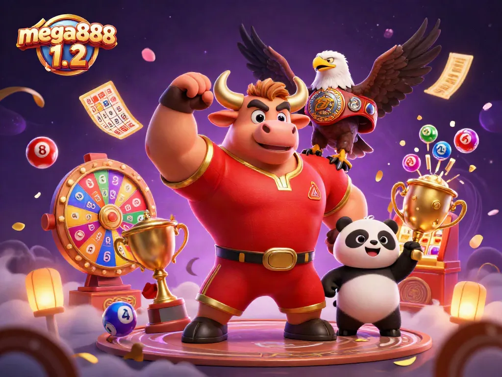 Engage with mega888 1.2 in a vibrant casino scene featuring joyful characters and exciting game elements.