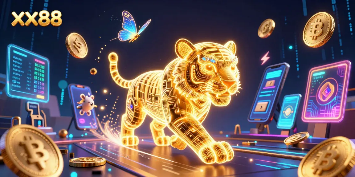 Engage with xx88's vivid digital casino scene featuring a neon-wireframe tiger and cryptocurrency elements.