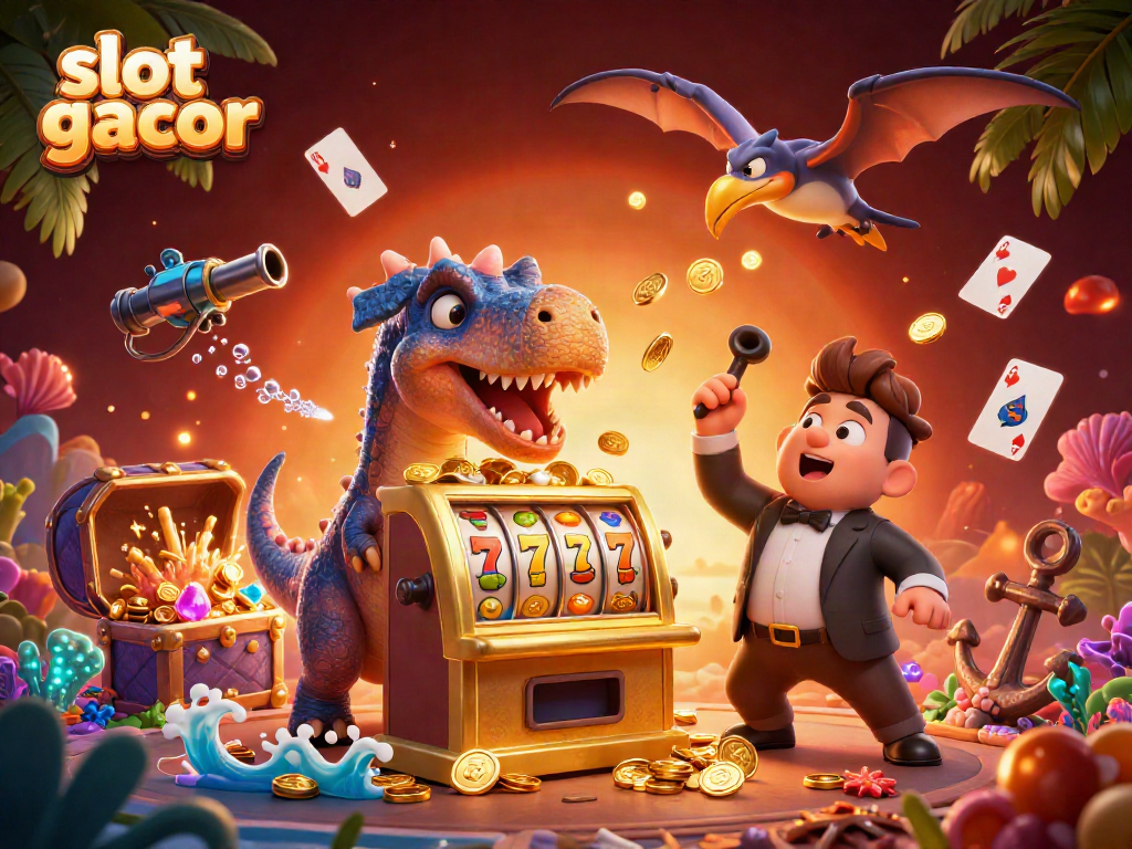 Experience slot gacor excitement as colorful coins fly from a jackpot-winning slot machine.