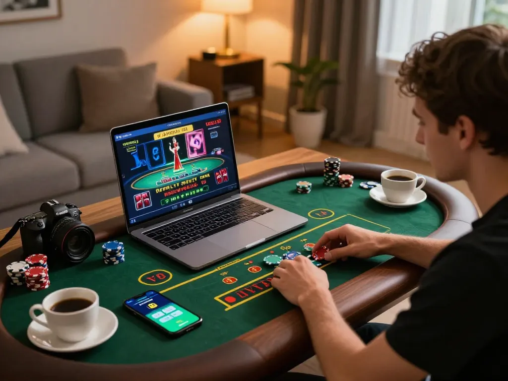 Player enjoying online casino gaming on f8betlv app at home, focused on live dealer table.