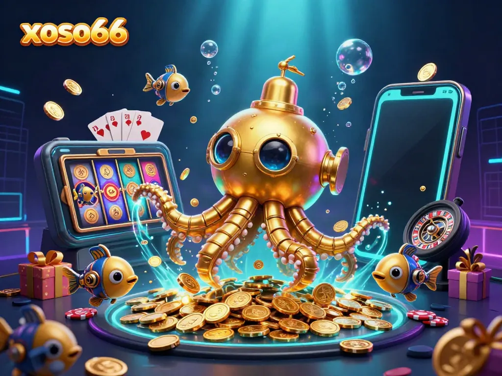 Experience thrill with xoso66, where golden kraken submarine and mechanical fish explore a dynamic casino world.