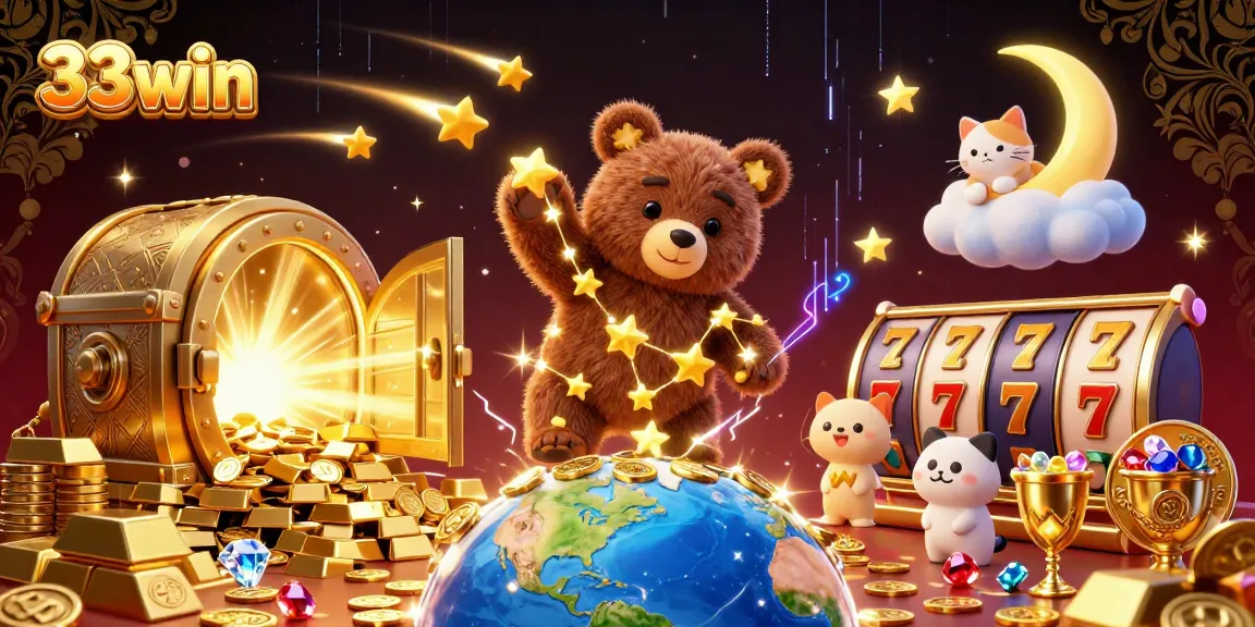 Join the excitement with 33win's vibrant 3D casino illustration, filled with gold and jewels.