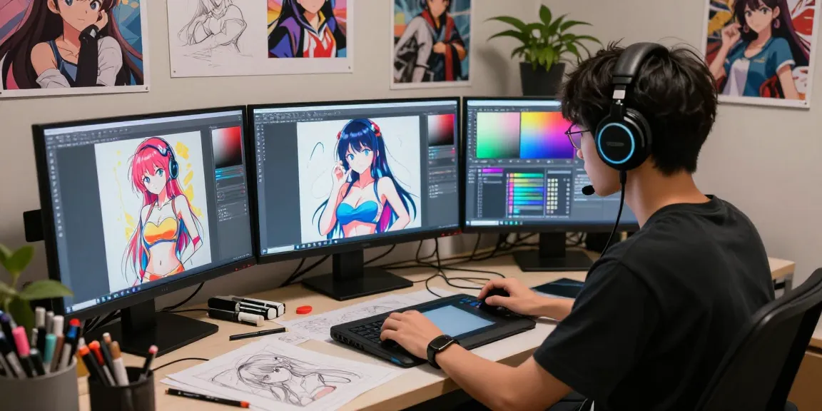 Creating AI ecchi visuals in a vibrant anime digital art studio with colorful designs and art supplies.