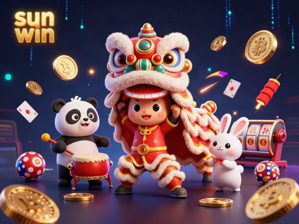 Experience sun win with vibrant characters and casino elements in a colorful 3D digital illustration.