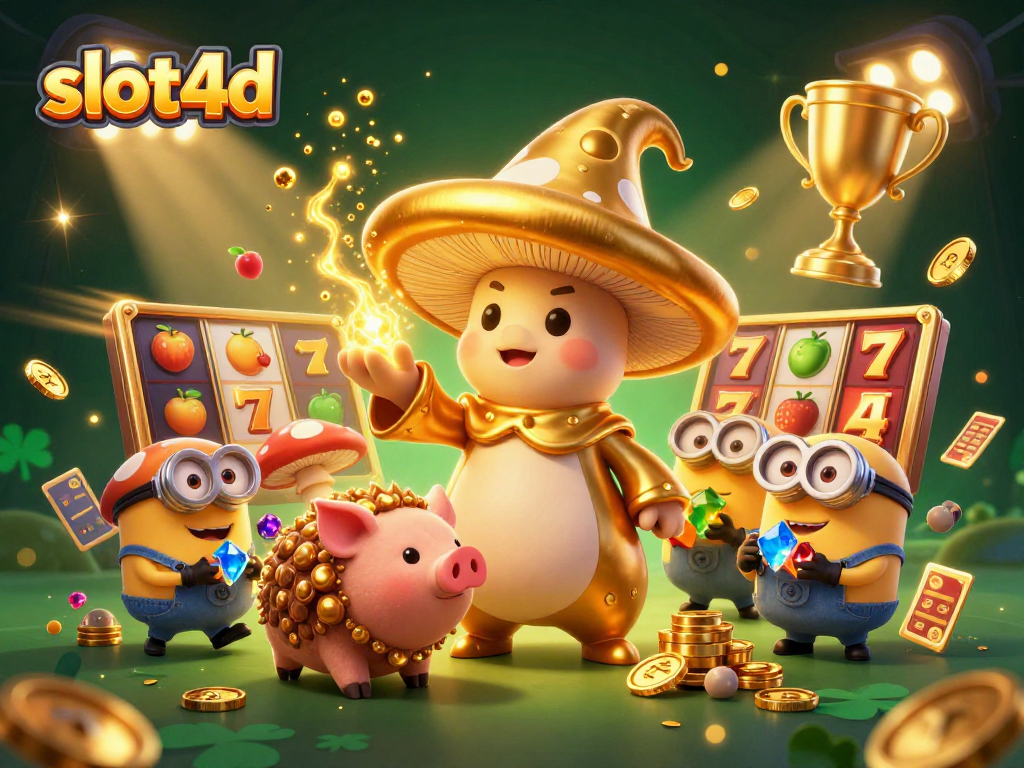 Spin to win with slot4d as a magical scene unfolds with golden treasures and whimsical characters.