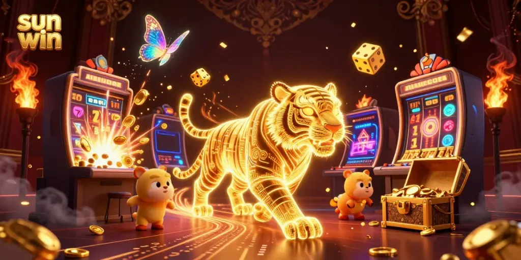 Engage with sun win digital casino adventure featuring a striking neon golden tiger and immersive gaming elements.