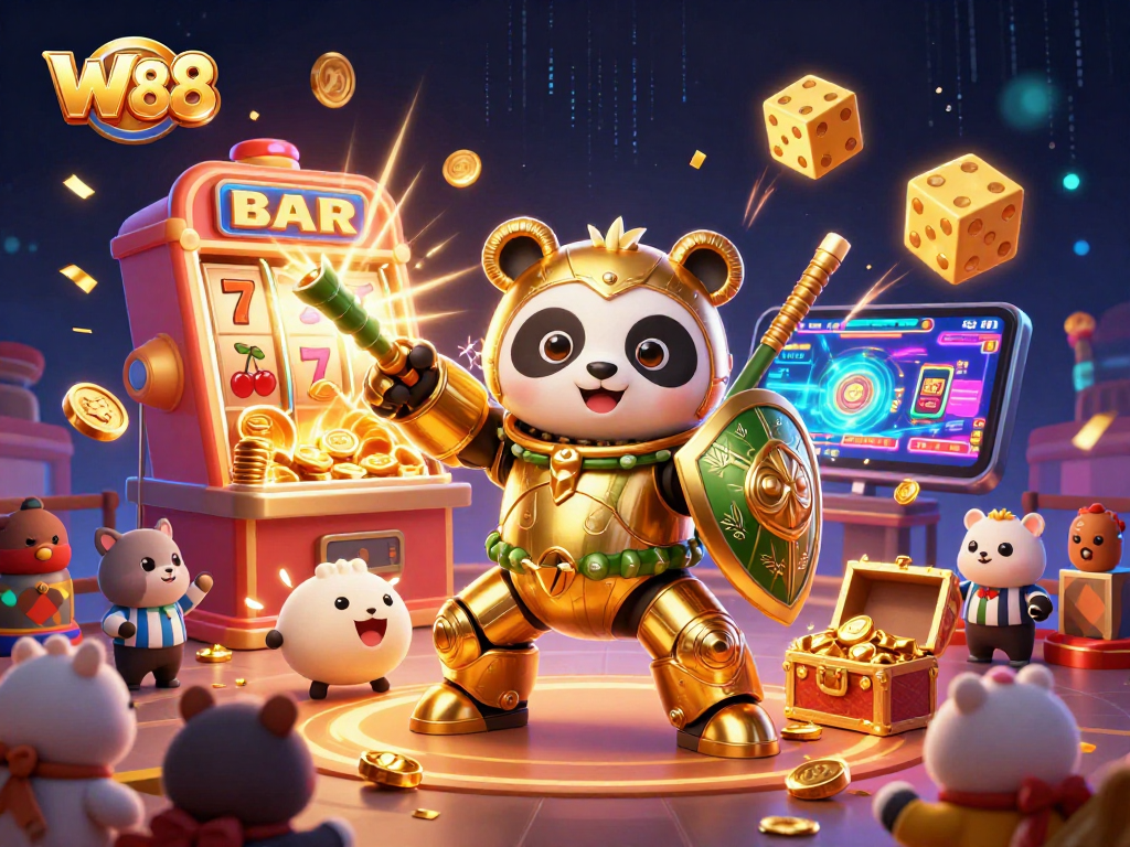 W88 gaming excitement illustrated with a mech-suit panda, slot machine, and festive elements.