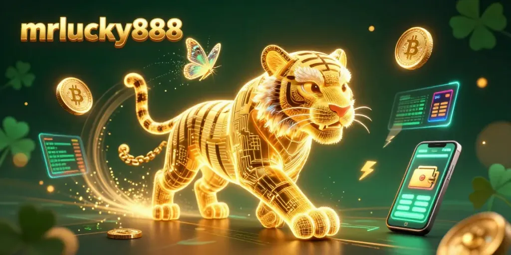Experience the thrill of mrlucky888 in an ultra-detailed digital casino universe featuring golden tiger and crypto elements.