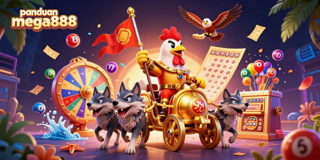 Engaging panduan mega888 illustration showcasing casino elements and vibrant characters in action.