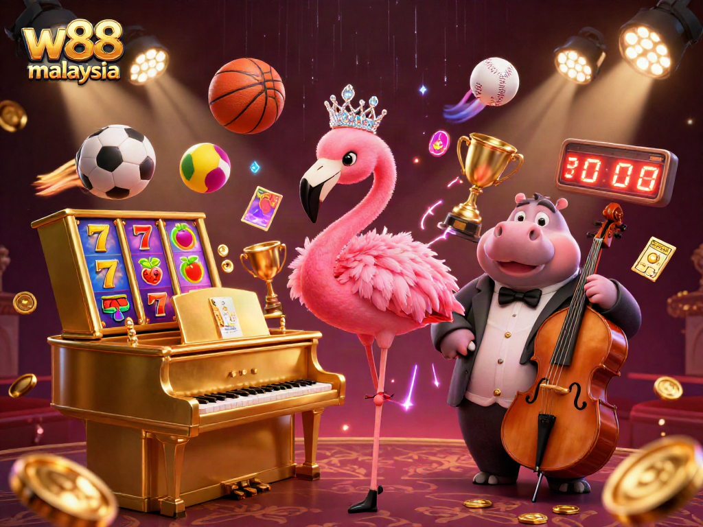 Engage in w88 malaysia with vibrant 3D casino illustration featuring a flamingo singer and dynamic gaming elements.