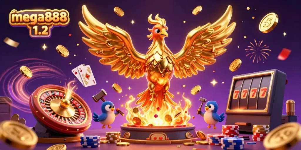 Engage with the vibrant world of mega888 1.2, featuring a golden phoenix amidst cascading coins and sparkling gems.