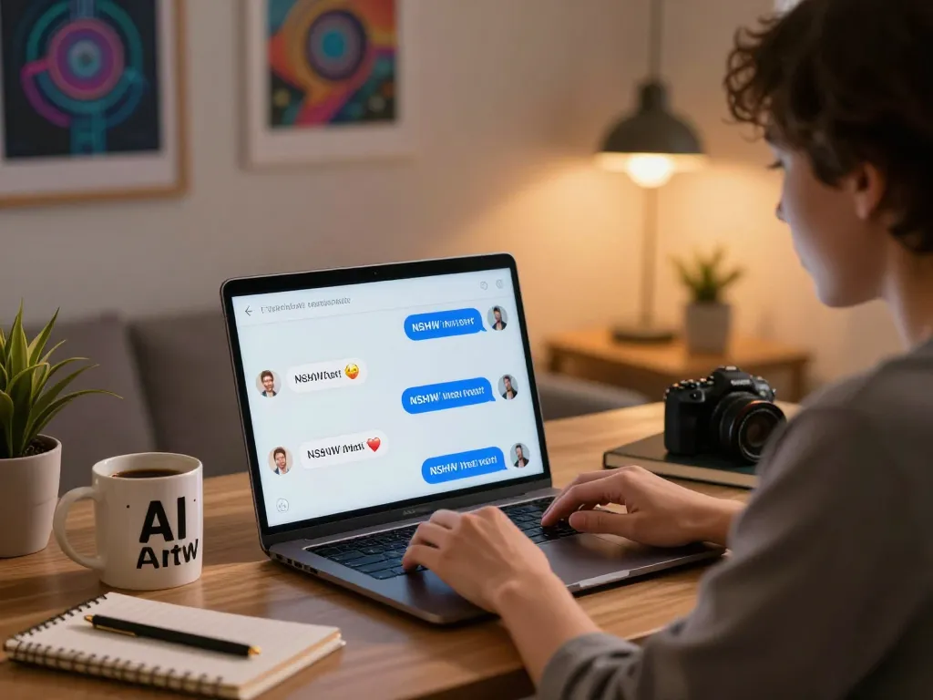 Engaging home office scene with a person enjoying ai chat nsfw interactions on a laptop.