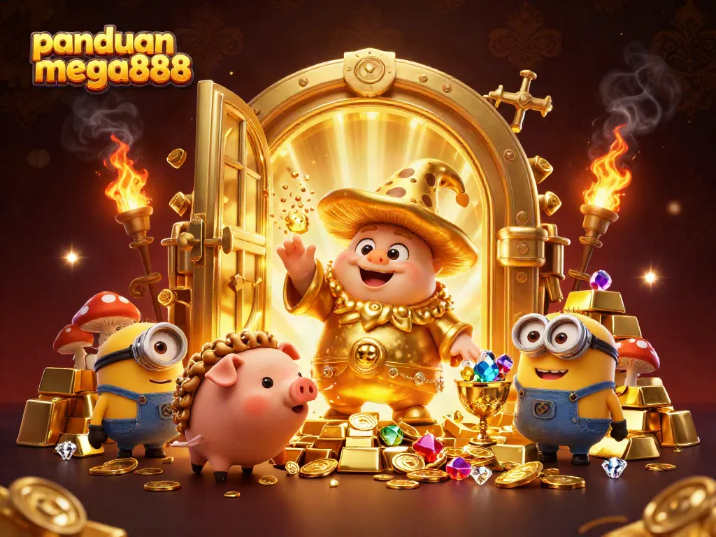 Experience winning strategies in panduan mega888 with golden treasures and characters in a dynamic casino illustration.