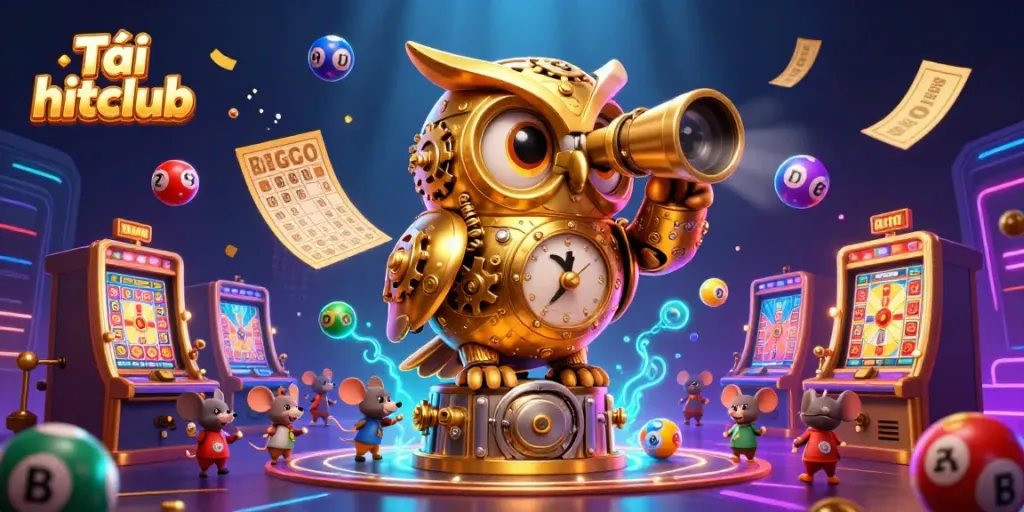 Tải hitclub features a clockwork owl amidst vibrant casino elements, showcasing a dynamic gaming scene.