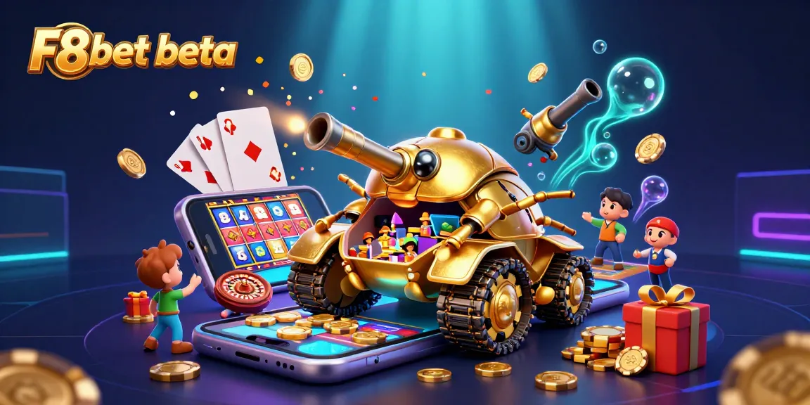 Play exciting mini-games with F8bet beta inside a whimsical golden beetle casino tank.