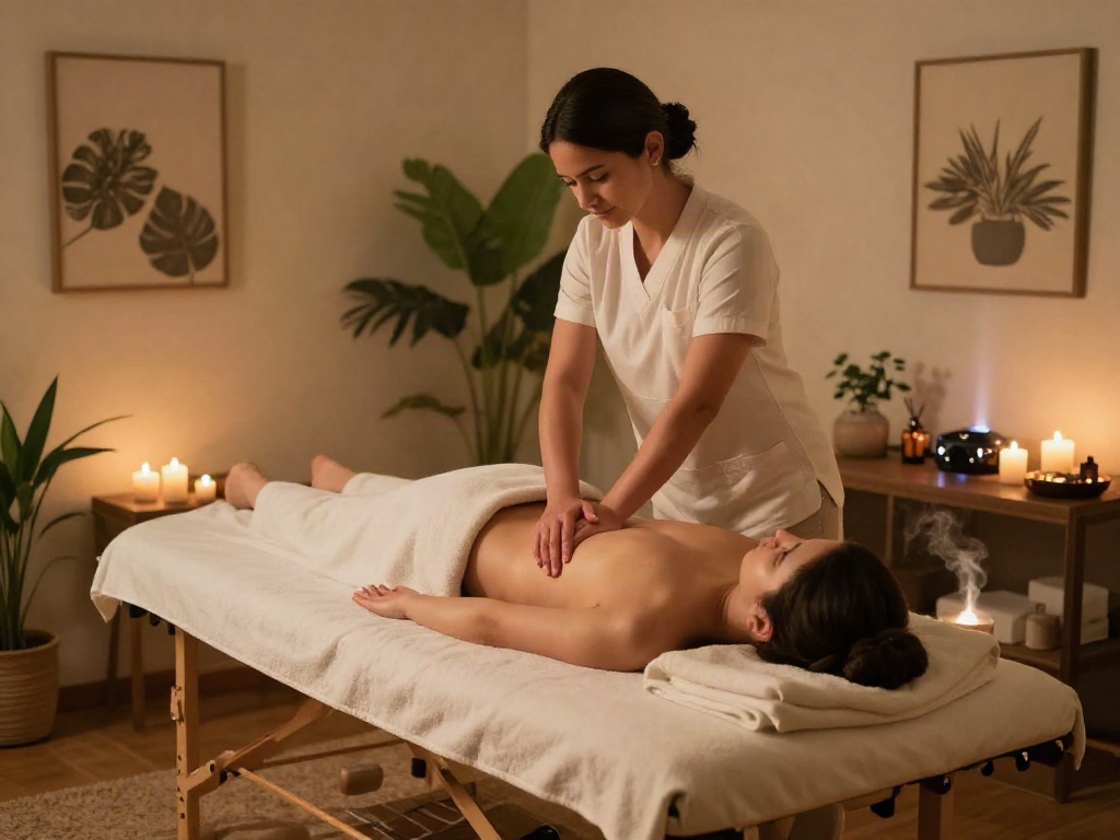 광진구출장안마 - Tranquil massage therapy scene with therapist and client in a soothing wellness studio