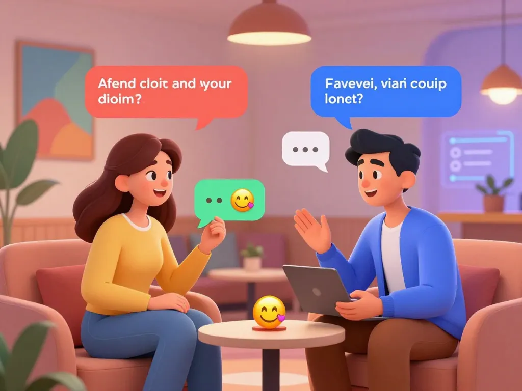 An engaging digital chat scene illustrating AI sex chat, showcasing animated characters in a lively conversation within a cozy virtual lounge.