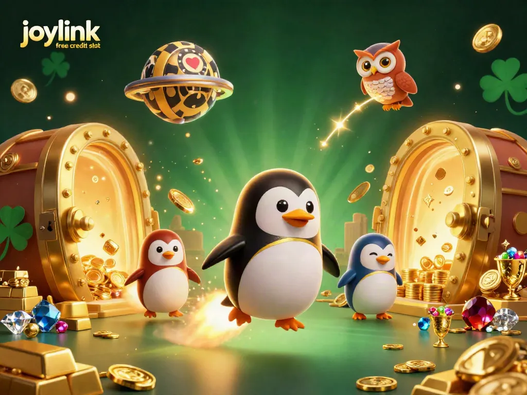 Join the adventure with the joylink free credit slot in an energetic 3D casino-themed illustration.