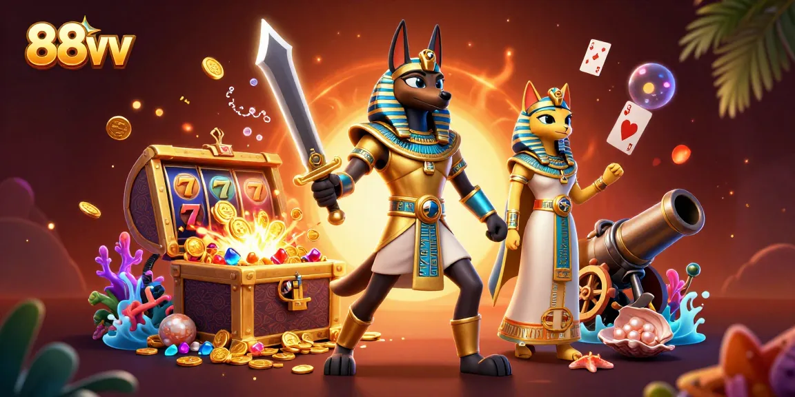 Experience thrilling gameplay with 88vv, featuring Anubis in a rich casino scene.