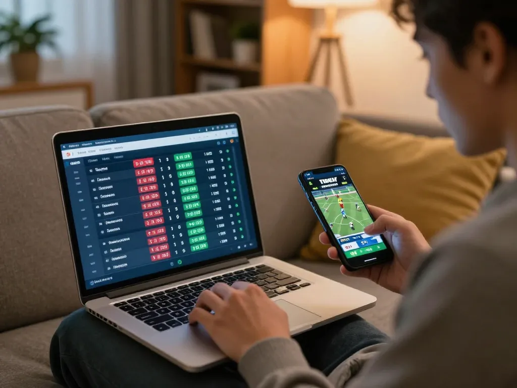 Tỷ lệ kèo nhà cái hôm nay displayed on laptop as a bettor engages in online sports betting from home