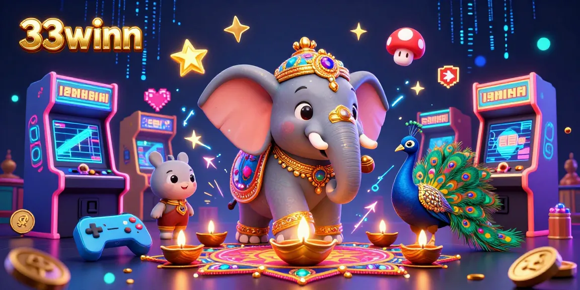Engage with 33winn's vibrant gaming world, featuring a Diwali-themed elephant and 3D arcade elements.
